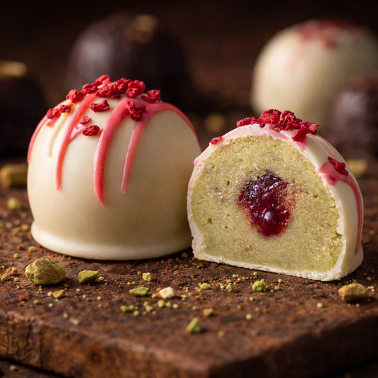 A málna lédús gyümölcsös íze és a pisztácia lágysága keveredik a marcipán karakterességével. Belül ízletes málna lekvárral töltve, kívül fehércsokoládéval és liofilizált málnával díszítve.