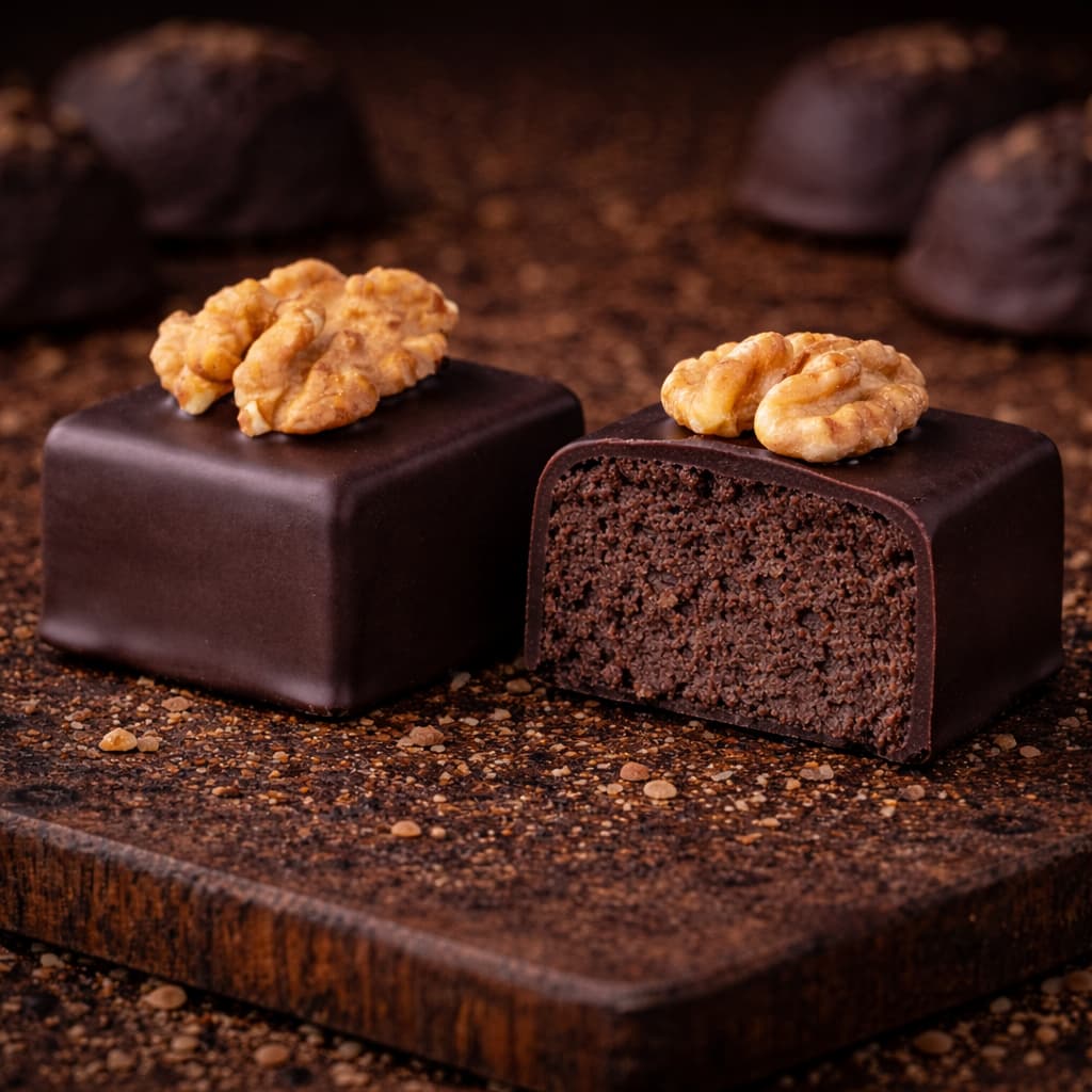 Tört dióval, kakaóval és egy csipet fahéjjal ízesített marcipánunk étcsokoládé köpenyben, dióval díszítve.